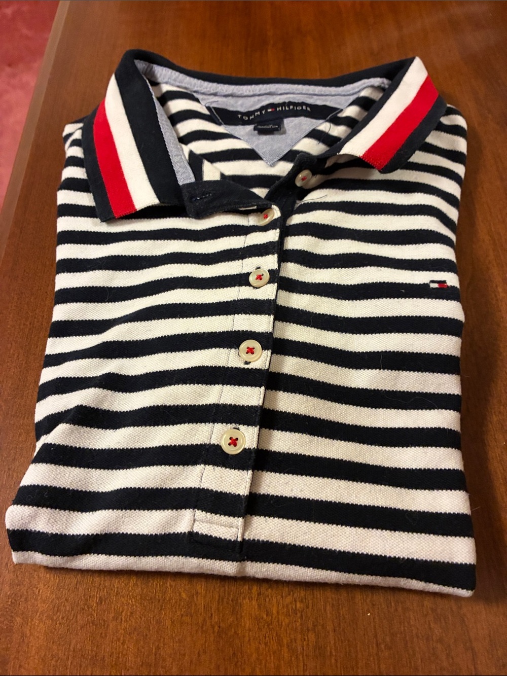 Tommy Hilfiger Black & White Striped Polo with Red Accent